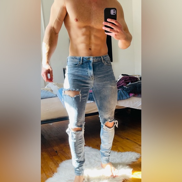 Topman skinny distressed blue jeans - Picture 2 of 3